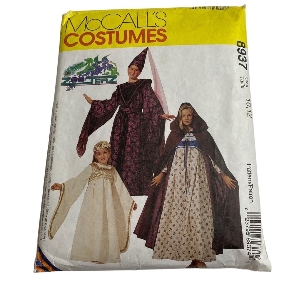 McCall's Medieval Costume 8937 Wizard Dress Gown Girls Size 10 12 Zooterz UNCUT